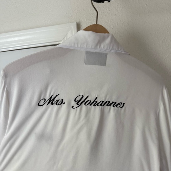 SLEEPER white text embroidered Mrs. Yohannes wifey button up pajama shirt - Picture 6 of 10
